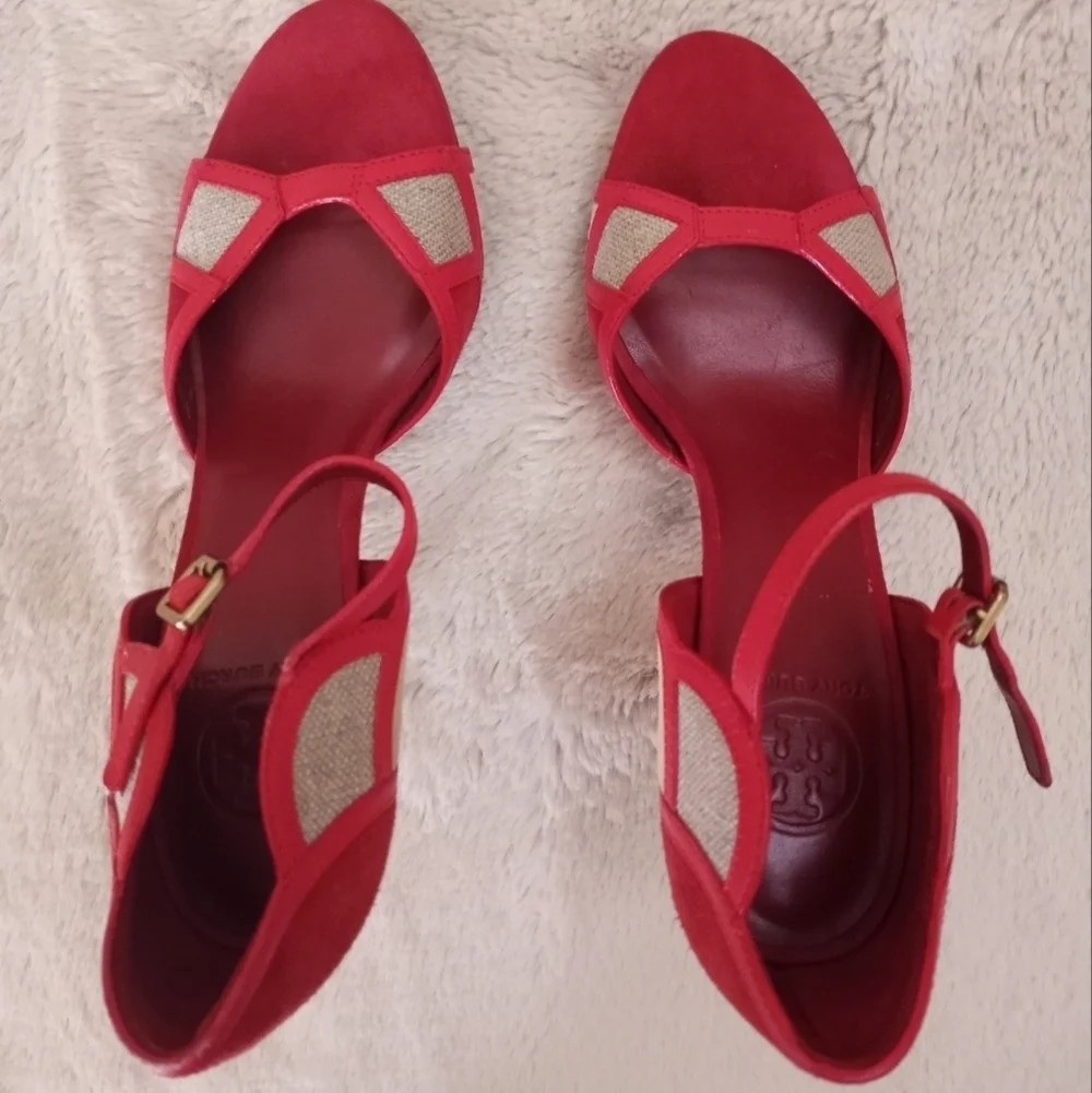 Tory Burch Suede Red Volcan Tan Tweed Art Deco Ankle Strap Heel 9.5 NWT